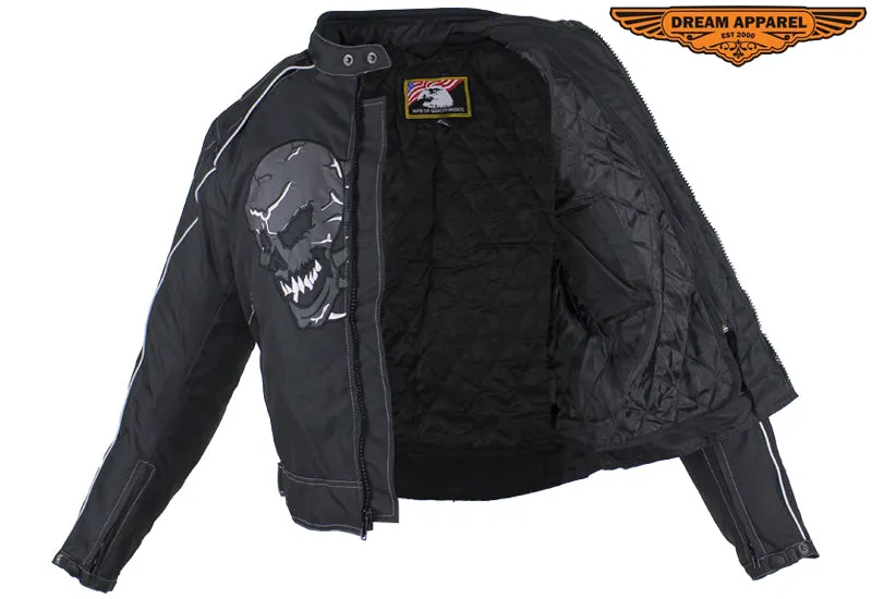 Mens Nylon Motorcycle Jacket with Reflective Skull