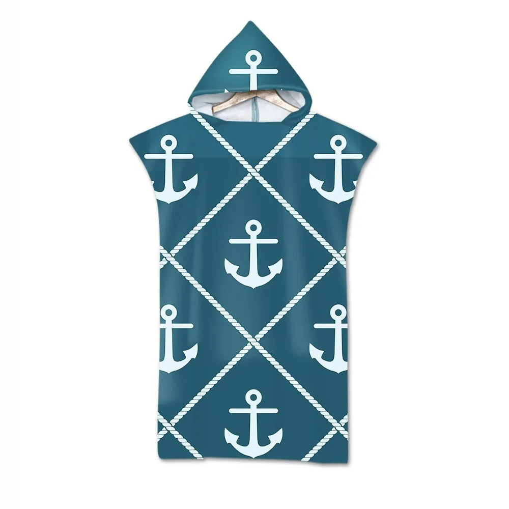 Microfiber  Bath Towel Hooded Surf Beach Swimwear 3D Printed Anchor Swimming Poncho Quick Dry Robe