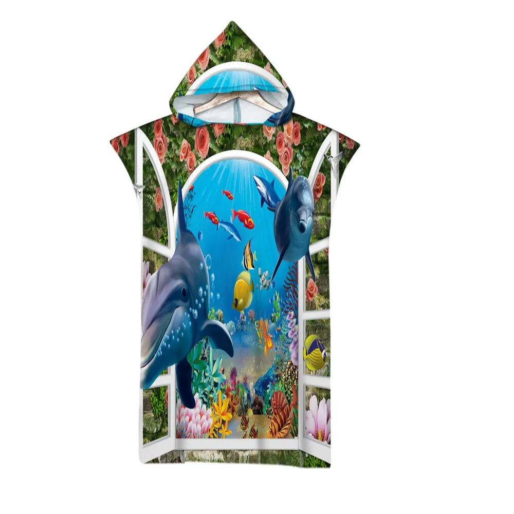 Microfiber Beach Towel Hooded 3D Beautiful Underwater World Printed Surf Soft Swimsuit For Women Poncho Quick Dry Men's Bathrobe