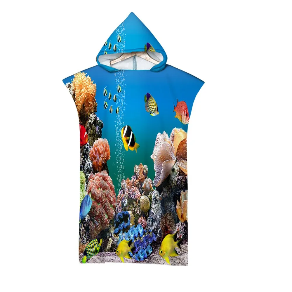 Microfiber Beach Towel Hooded 3D Beautiful Underwater World Printed Surf Soft Swimsuit For Women Poncho Quick Dry Men's Bathrobe