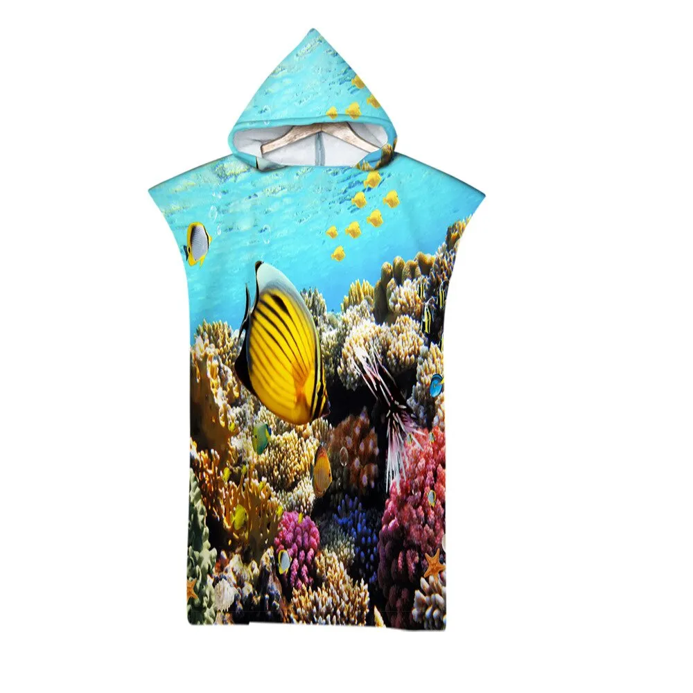 Microfiber Beach Towel Hooded 3D Beautiful Underwater World Printed Surf Soft Swimsuit For Women Poncho Quick Dry Men's Bathrobe