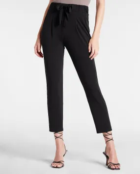 Mid Rise Sash Tie Paperbag Ankle Pant in Pitch Black