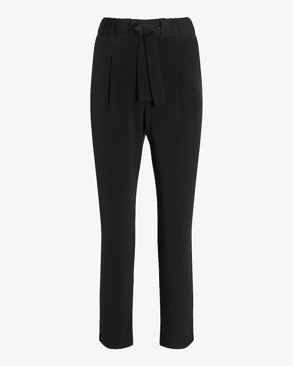 Mid Rise Sash Tie Paperbag Ankle Pant in Pitch Black