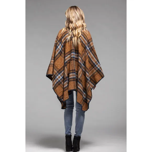 Mocha Plaid Pattern Whip Stitch Knit Open Ruana Poncho Wrap One Size