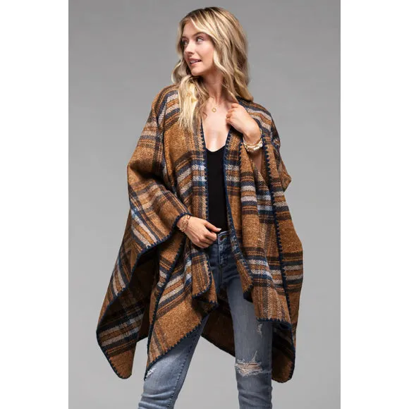 Mocha Plaid Pattern Whip Stitch Knit Open Ruana Poncho Wrap One Size