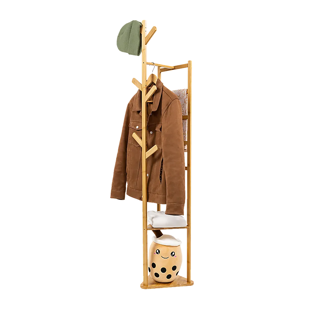 Natural Bamboo Clothes Coat Rack with Shelves and Hooks