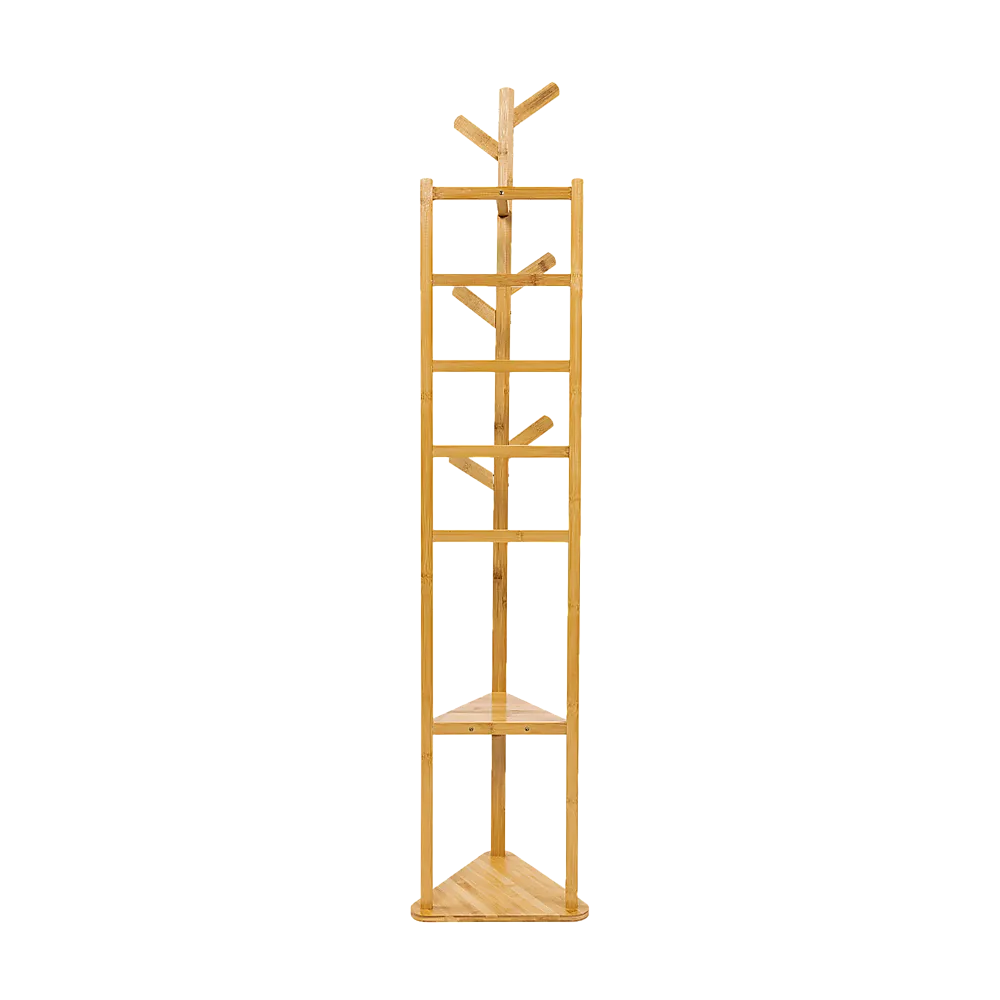 Natural Bamboo Clothes Coat Rack with Shelves and Hooks