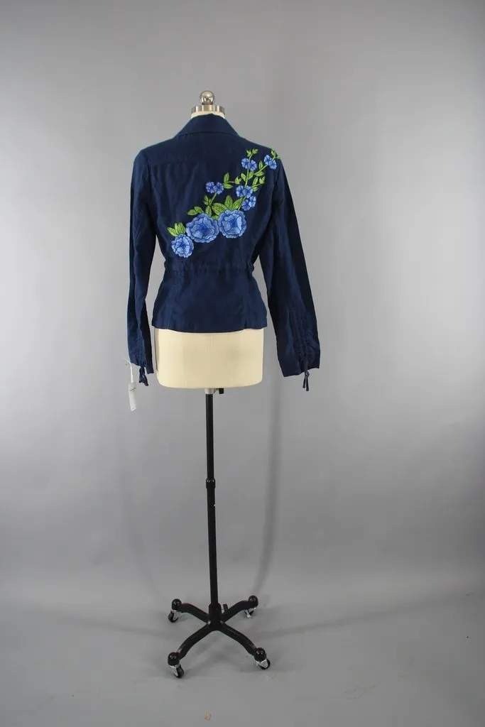 Navy Blue Linen Jacket with Blue Floral Embroidery