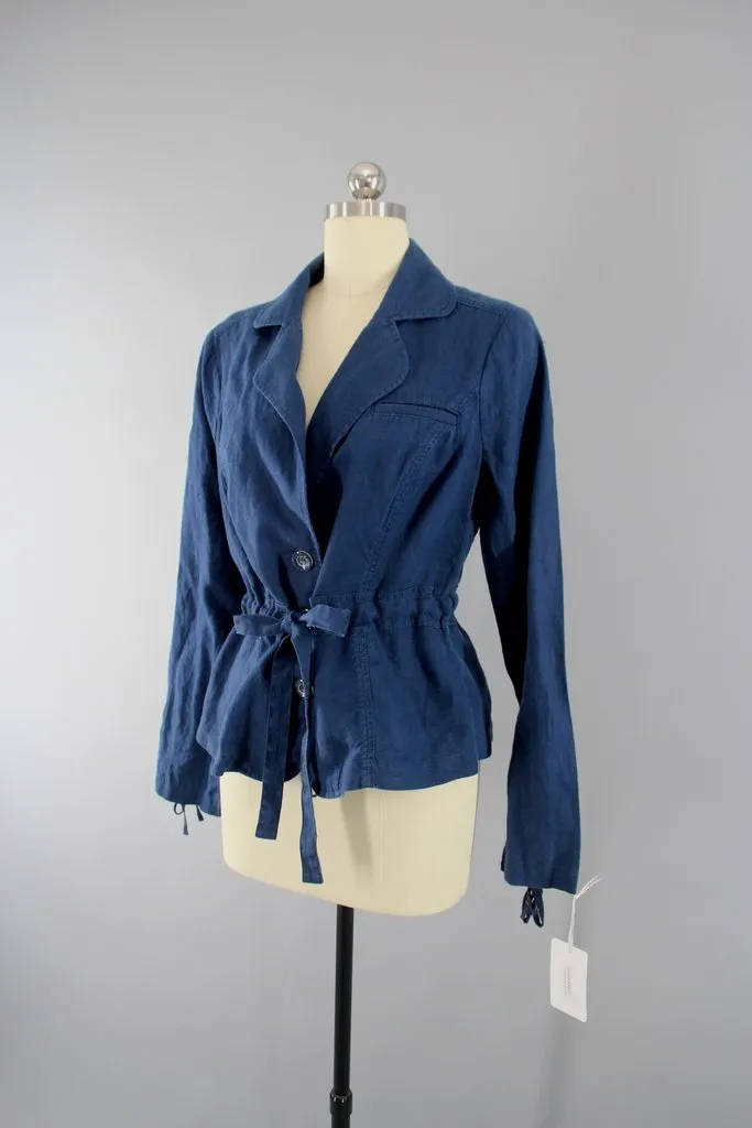 Navy Blue Linen Jacket with Blue Floral Embroidery