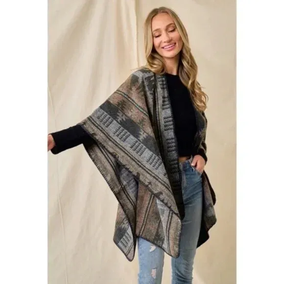 Olive Multi Western Aztec Pattern Knit Sweater Shawl Open Wrap Fall Poncho