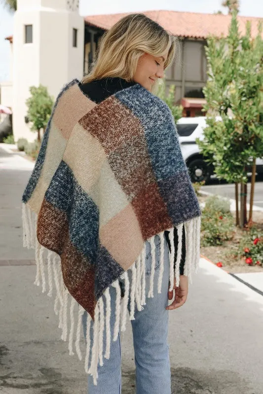 Peach Blue Colorblock Tassel Fringe Poncho Casual Womens