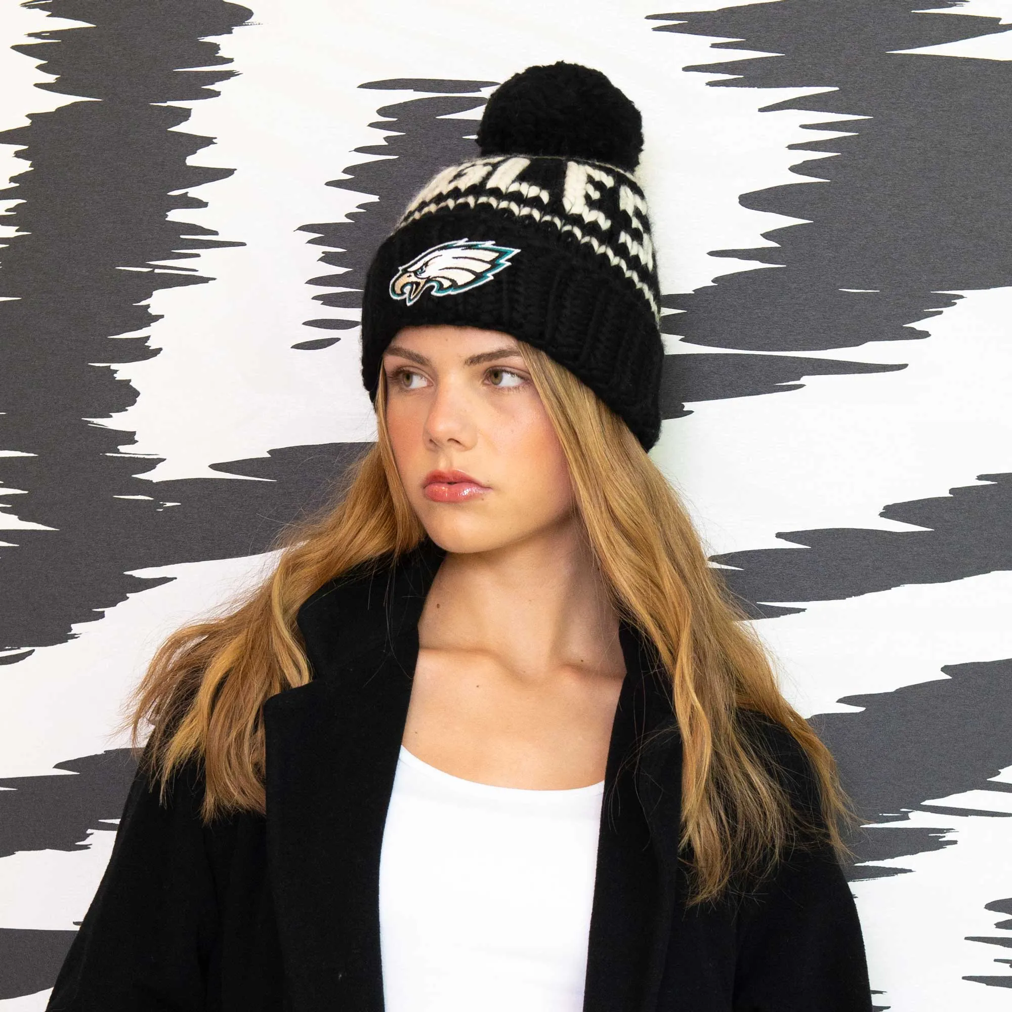 PHILADELPHIA EAGLES LELE SADOUGHI X NFL BLACK BEANIE YARN POM