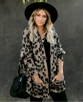 Pockets Leopard Winter Coat Long Cardigan Knitwear