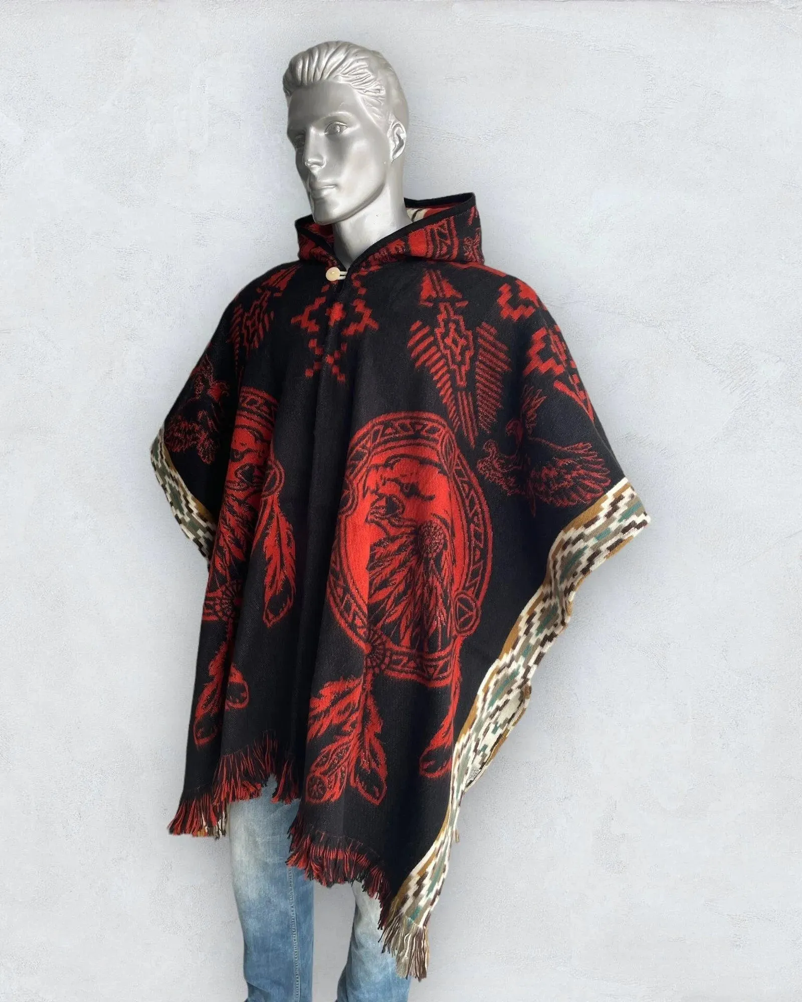 Poncho Hood Wool Black-Orange-Eagle