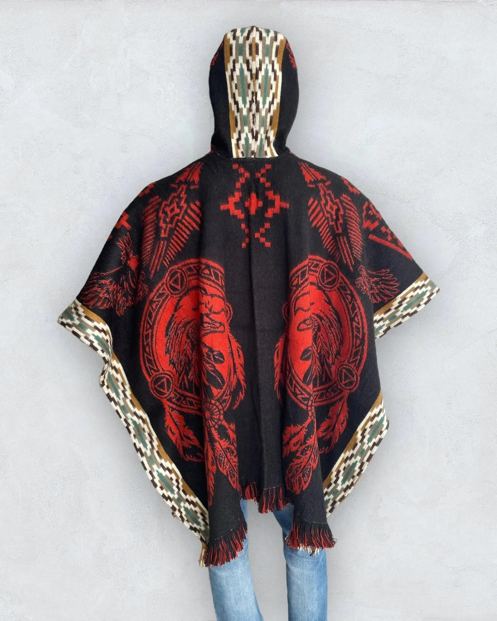 Poncho Hood Wool Black-Orange-Eagle