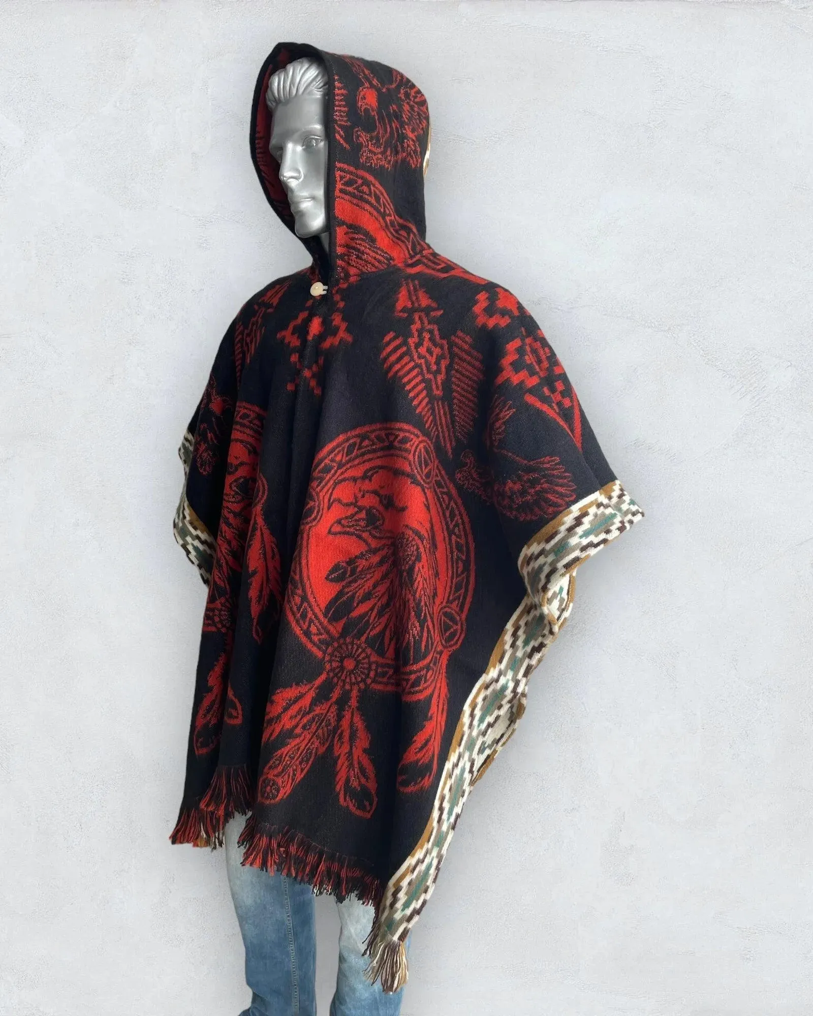 Poncho Hood Wool Black-Orange-Eagle