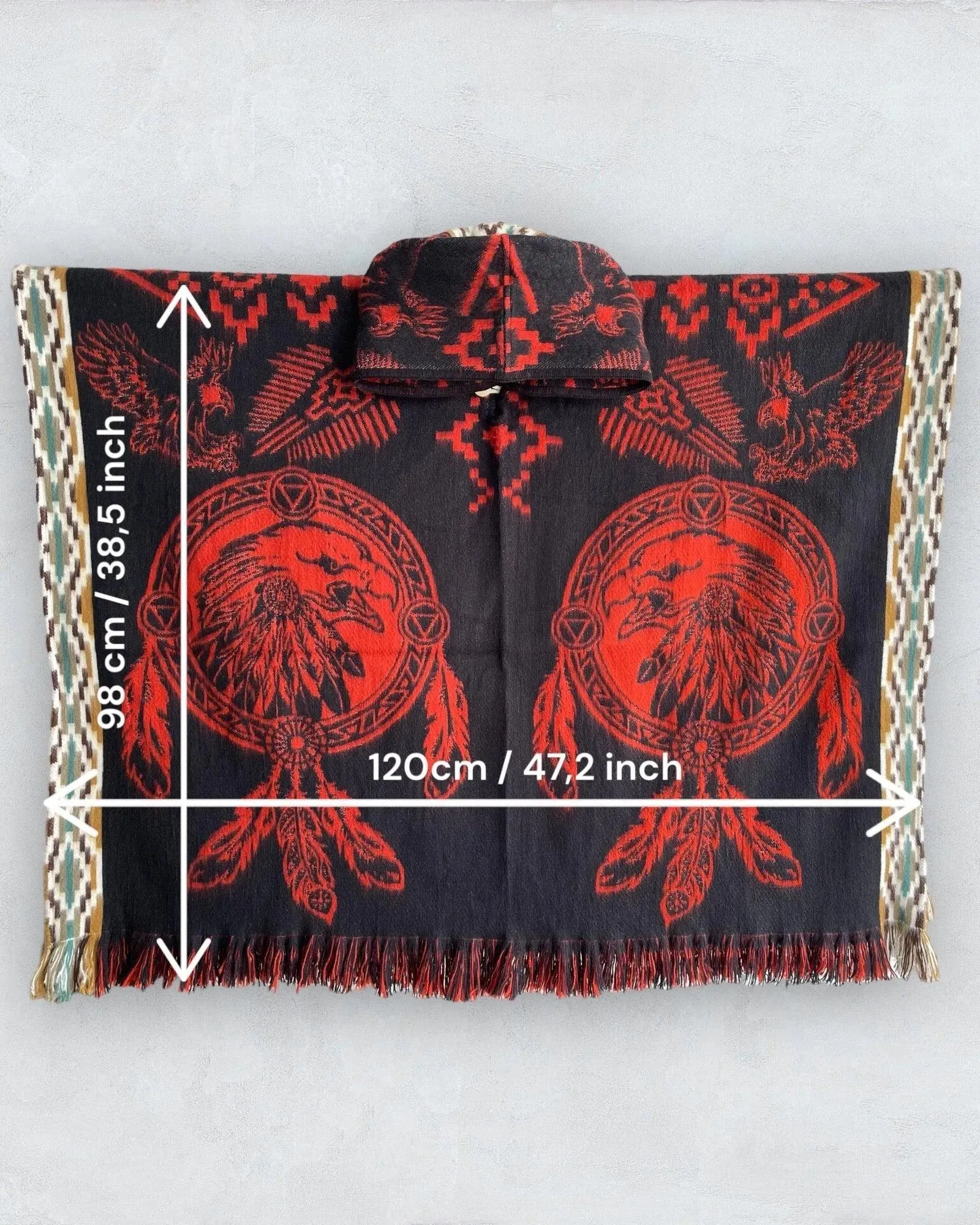 Poncho Hood Wool Black-Orange-Eagle