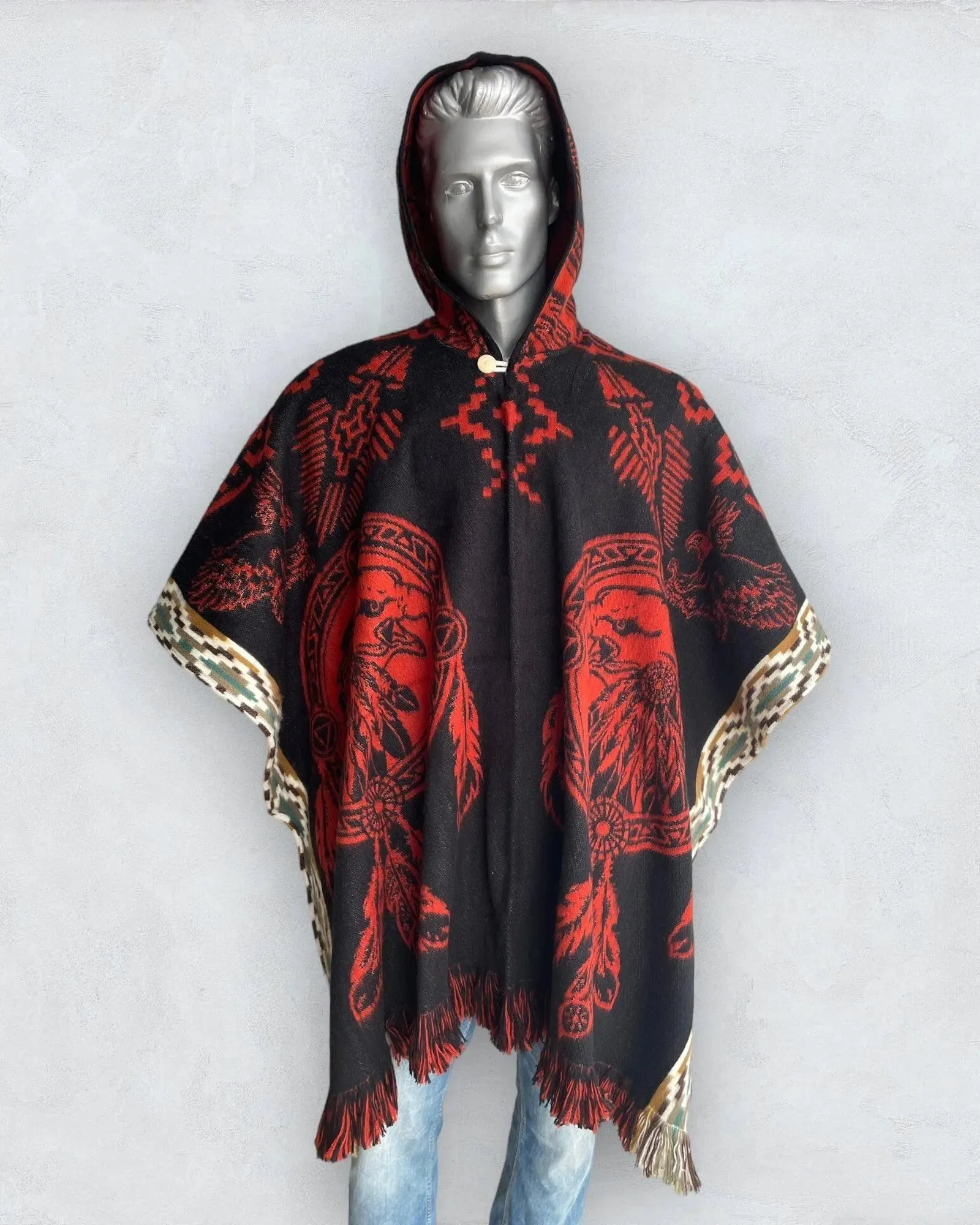 Poncho Hood Wool Black-Orange-Eagle