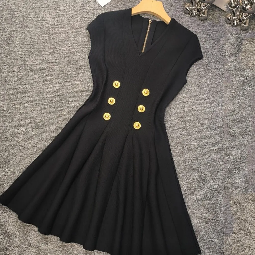 Pre Order:  Six Buttons V-Neck High Waist Knit Dress