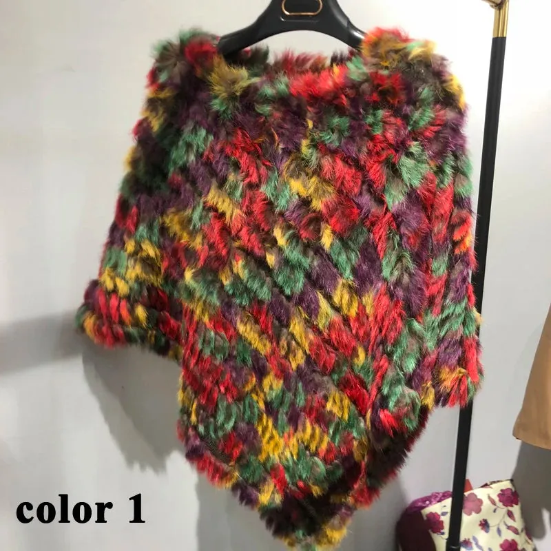 Real rabbit fur Rainbow Color Poncho