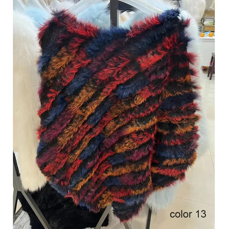 Real rabbit fur Rainbow Color Poncho