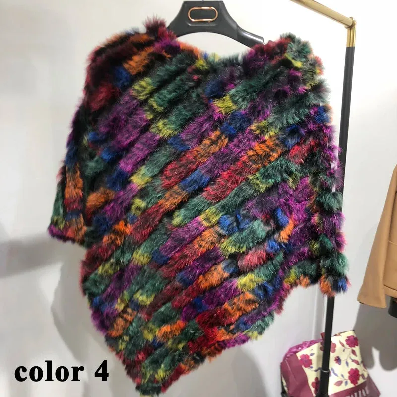 Real rabbit fur Rainbow Color Poncho