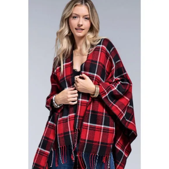 Red Black Plaid Blanket Ruana Knit Fall Winter Fringe Open Poncho Wrap