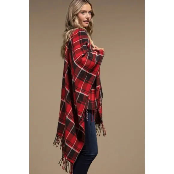 Red Black Plaid Blanket Ruana Knit Fall Winter Fringe Open Poncho Wrap