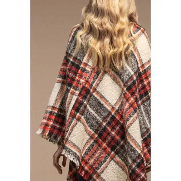 Red Multi Color Plaid Frayed Hem Knit Fall Winter Poncho Casual Women's One Size