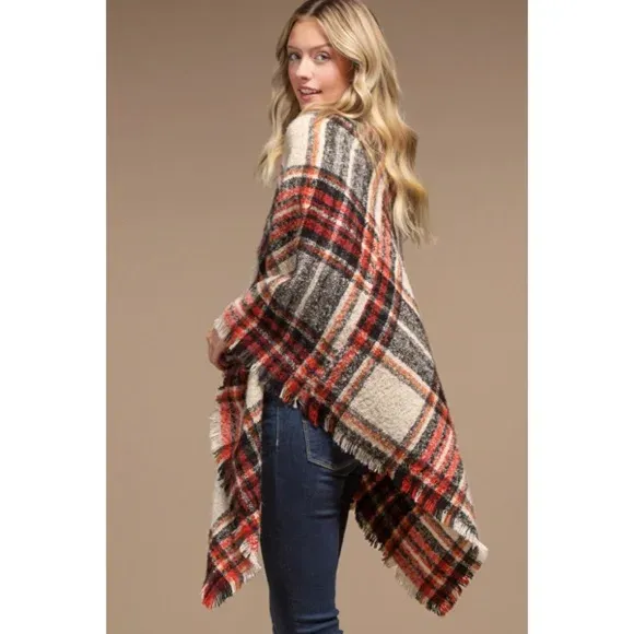 Red Multi Color Plaid Frayed Hem Knit Fall Winter Poncho Casual Women's One Size