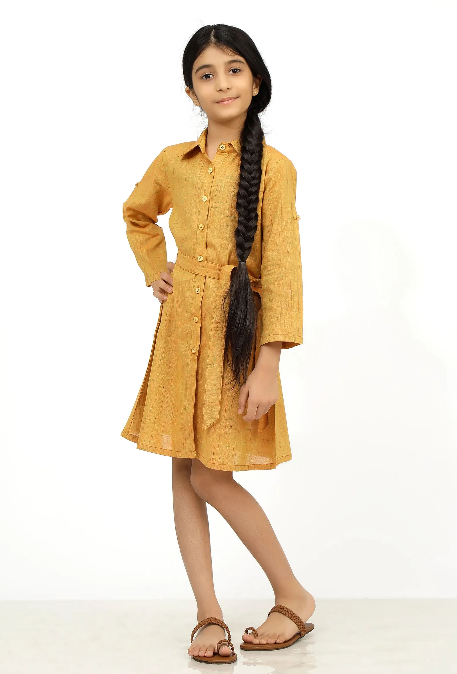 Rustic Melange Cotton Tunic Dress With Waist Belt