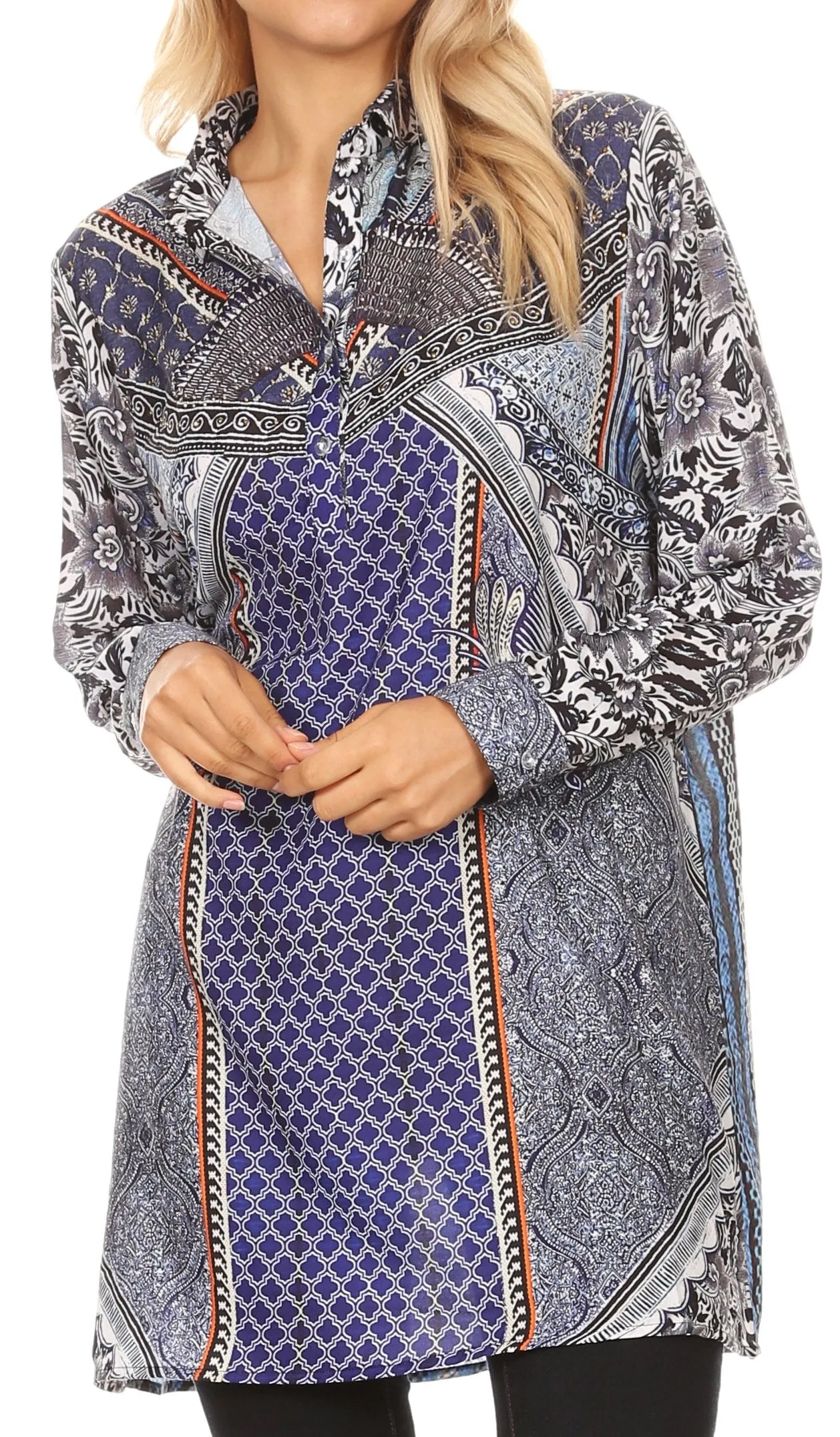 Sakkas Alberta Womens Long Blouse Tunic Shirt with 3/4 Sleeve and Embellishing