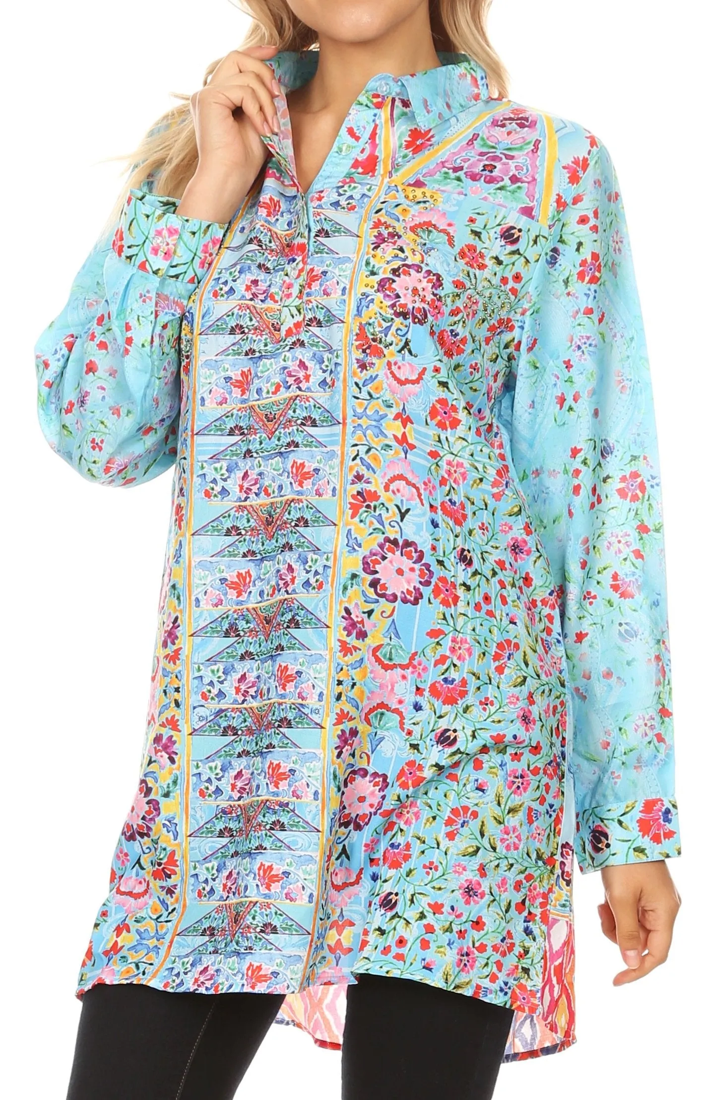 Sakkas Alberta Womens Long Blouse Tunic Shirt with 3/4 Sleeve and Embellishing