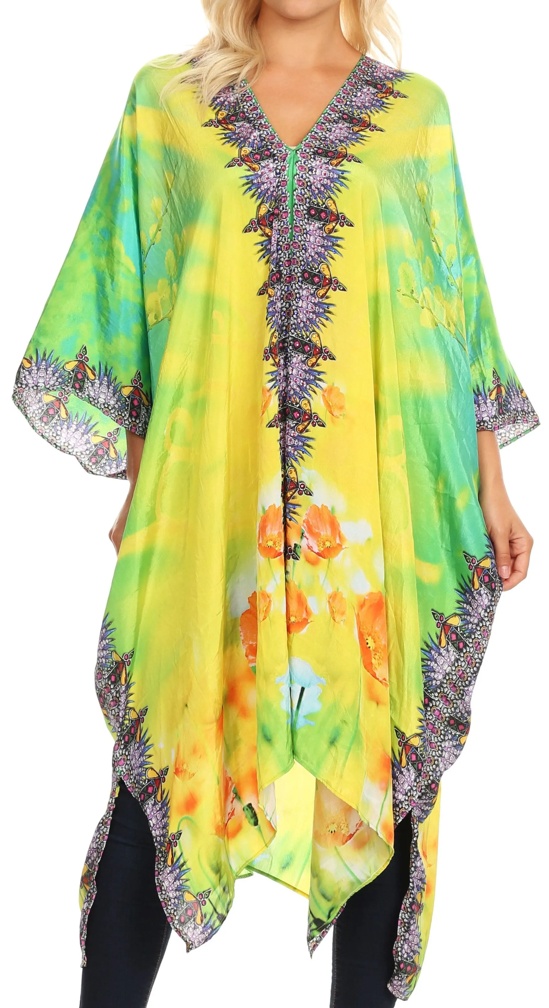 Sakkas Alvita Women's V Neck Beach Dress Top Caftan Cover up with Rhinestones