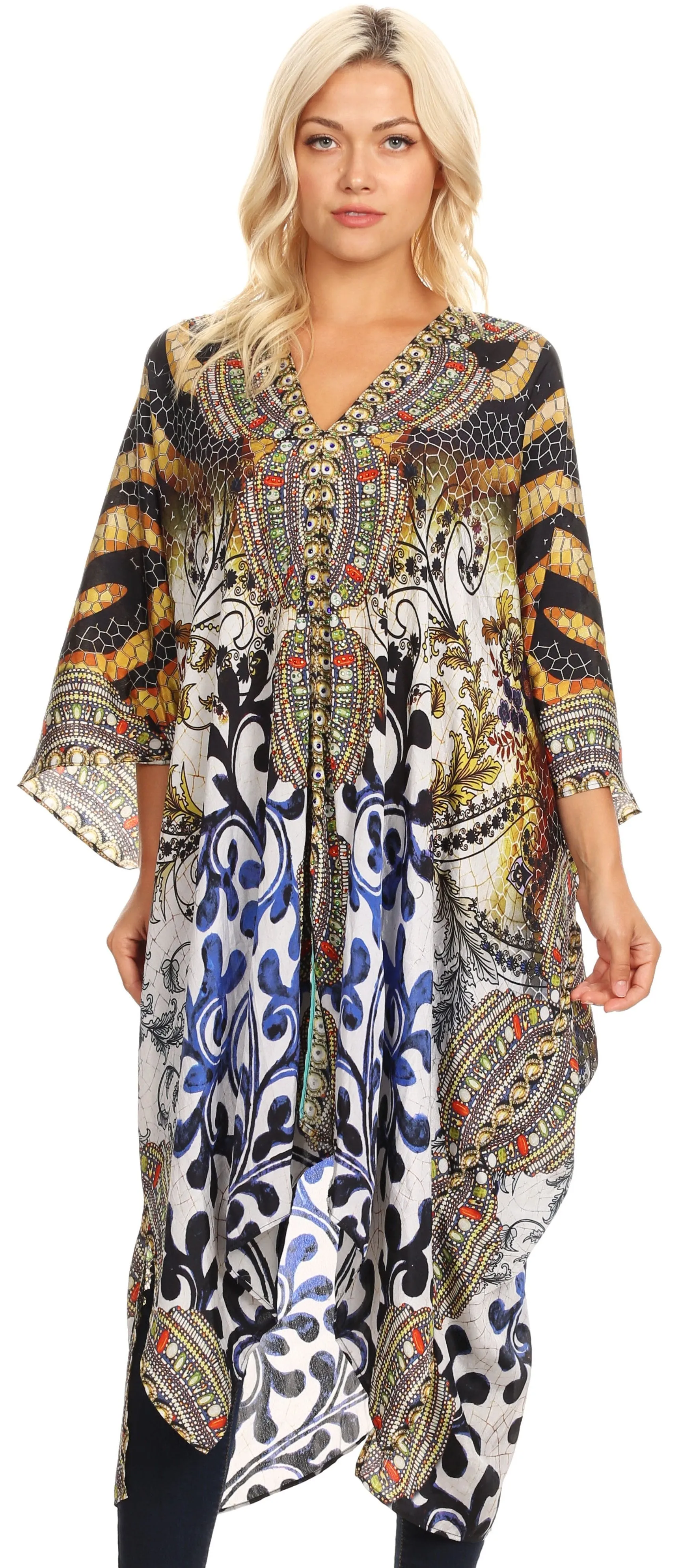 Sakkas Alvita Women's V Neck Beach Dress Top Caftan Cover up with Rhinestones