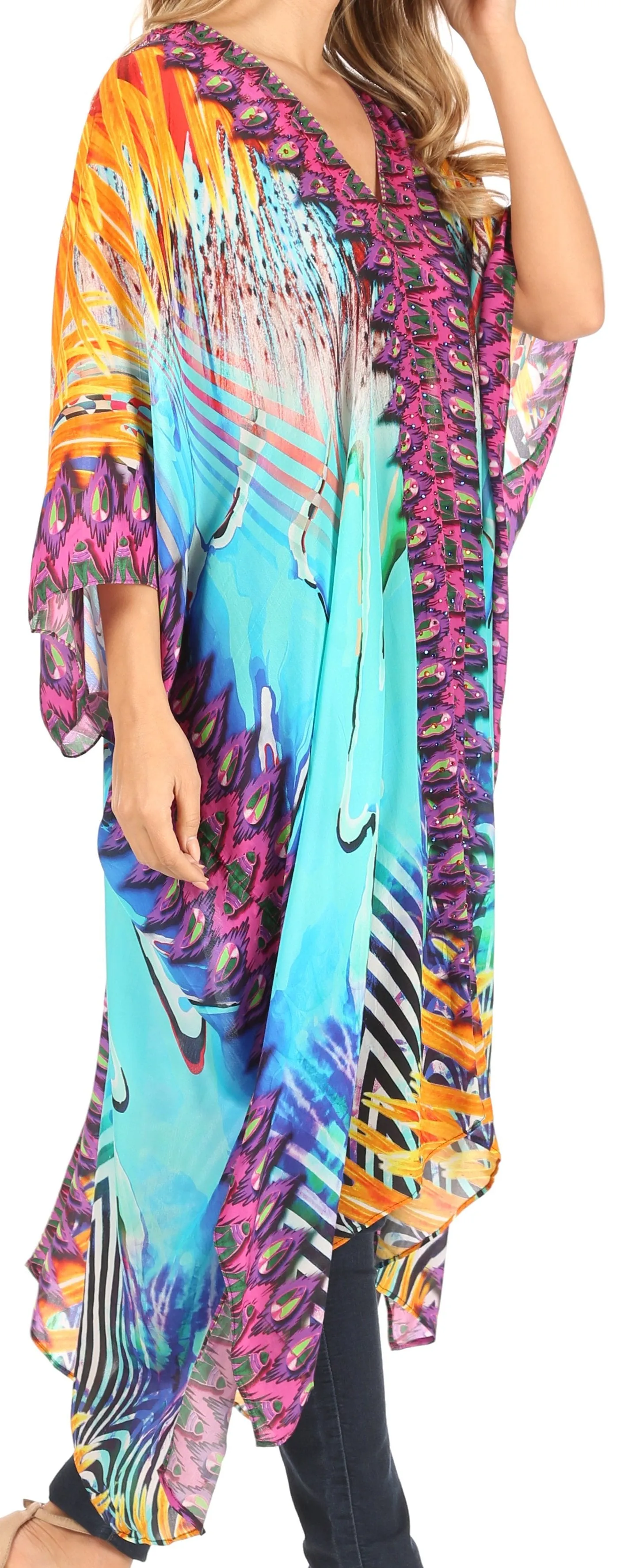 Sakkas Alvita Women's V Neck Beach Dress Top Caftan Cover up with Rhinestones