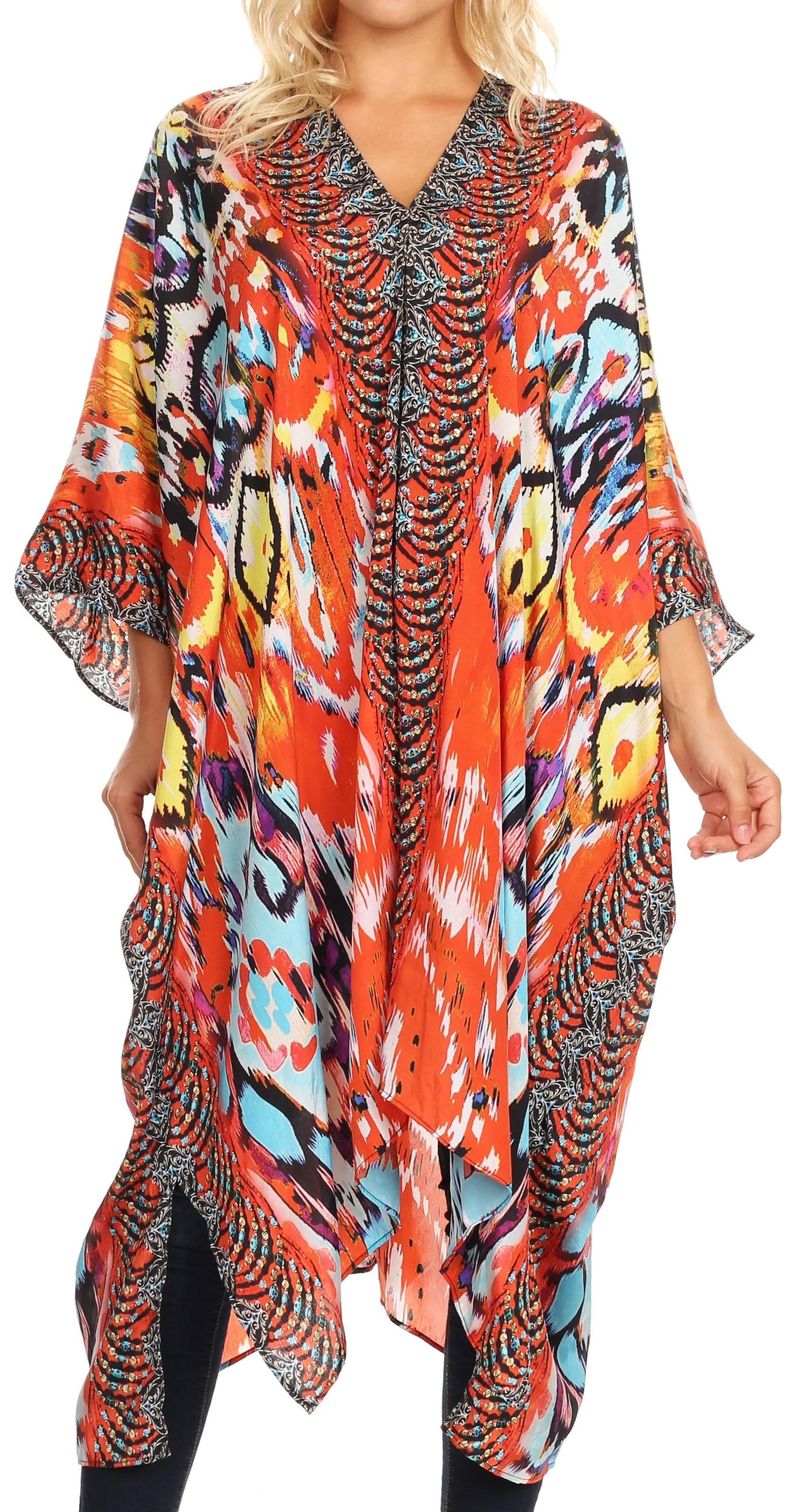 Sakkas Alvita Women's V Neck Beach Dress Top Caftan Cover up with Rhinestones