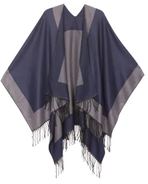 Sakkas Avi Women's Reversible Open Front Poncho Cardigan Ruana Cape Shawl W/Fringe