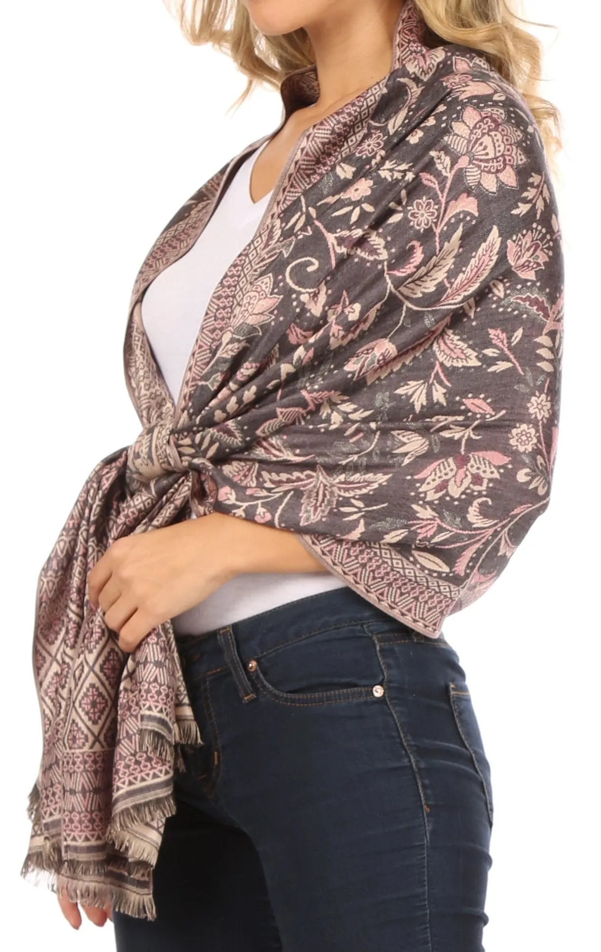 Sakkas Gianna Women's Silky Soft Reversible Floral Woven Pashmina Scarf Shawl Wrap