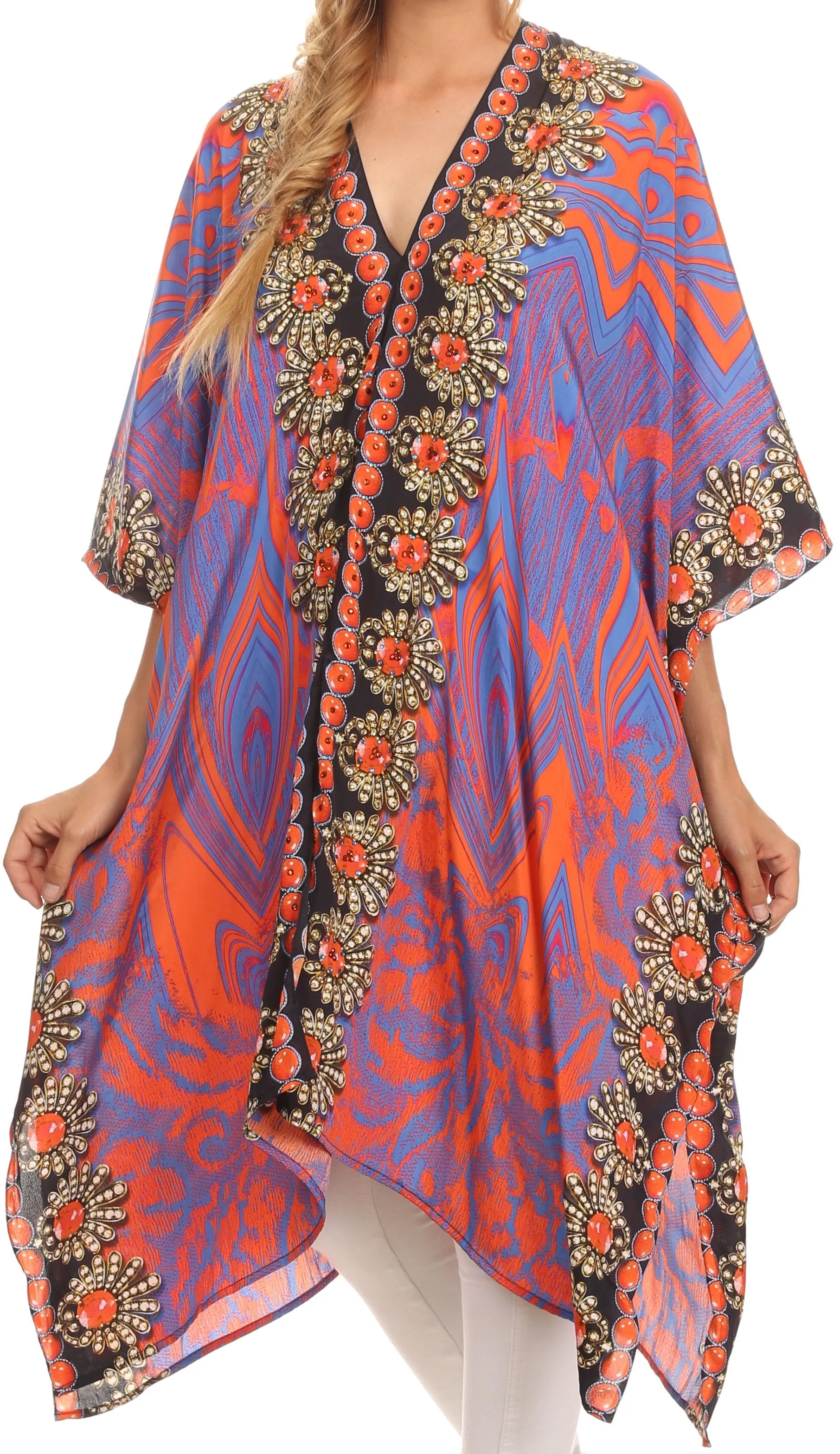 Sakkas Libra Mid Length Caftan Dress / Cover Up With Tribal Print / Rhinestones