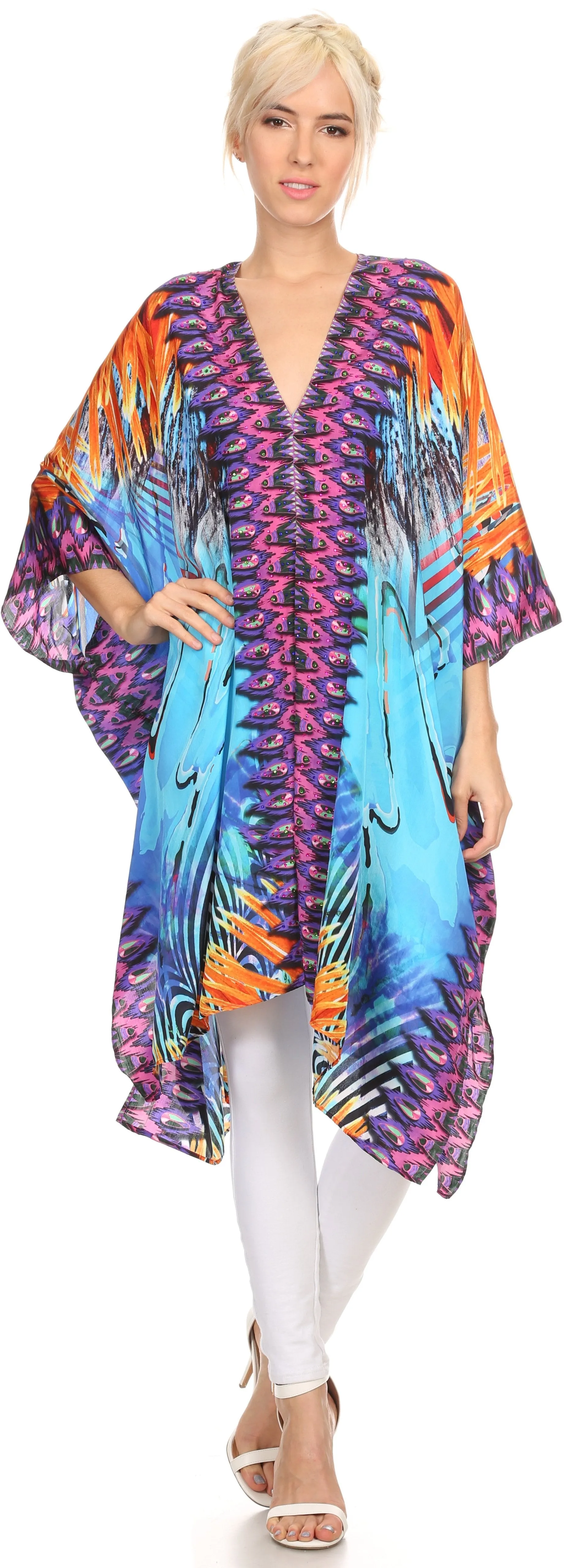 Sakkas Libra Mid Length Caftan Dress / Cover Up With Tribal Print / Rhinestones