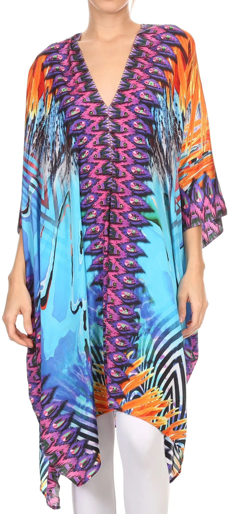 Sakkas Libra Mid Length Caftan Dress / Cover Up With Tribal Print / Rhinestones