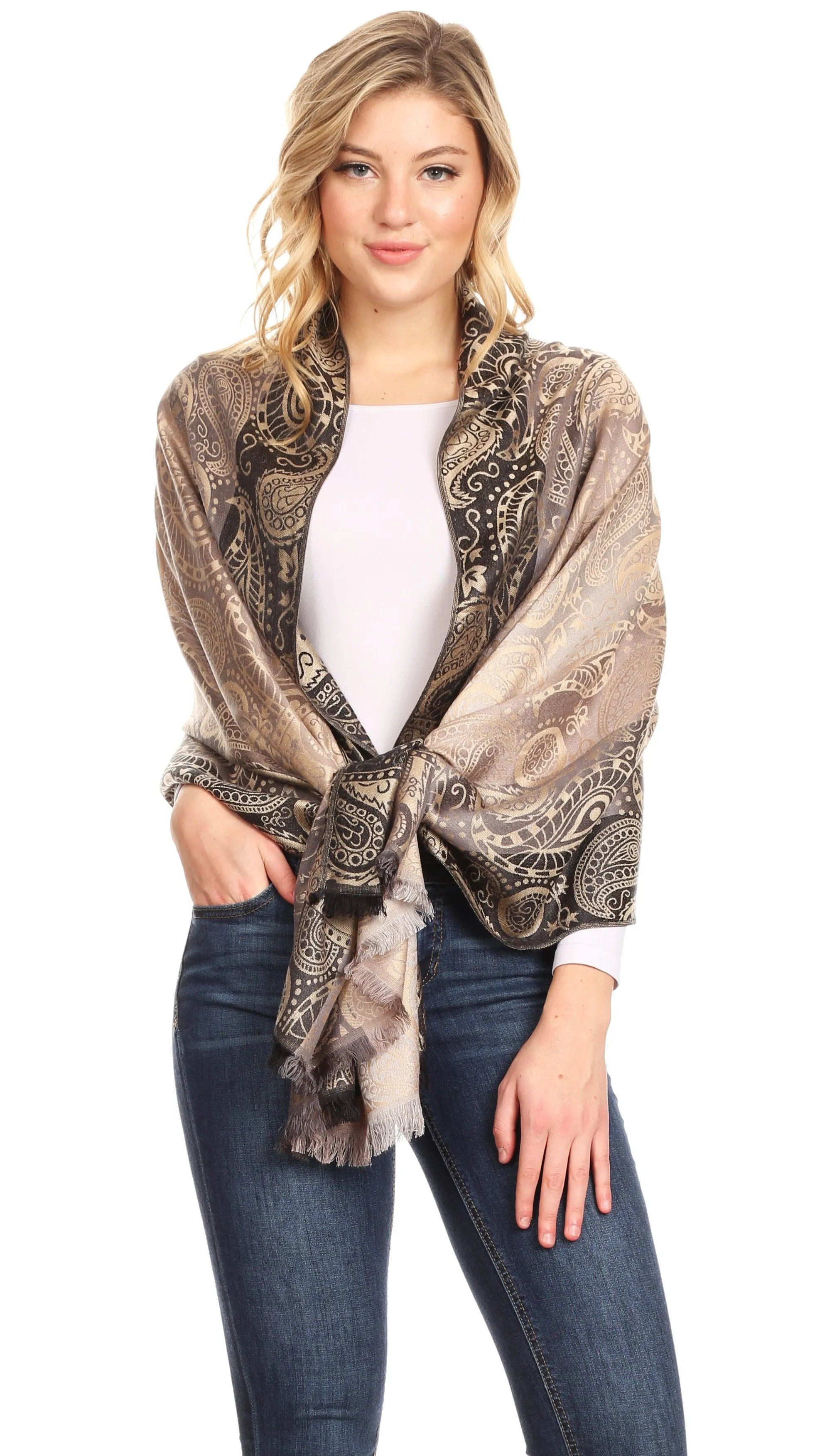 Sakkas Marga Women's Silky Soft Reversible Paisley Woven Pashmina Scarf Shawl Wrap