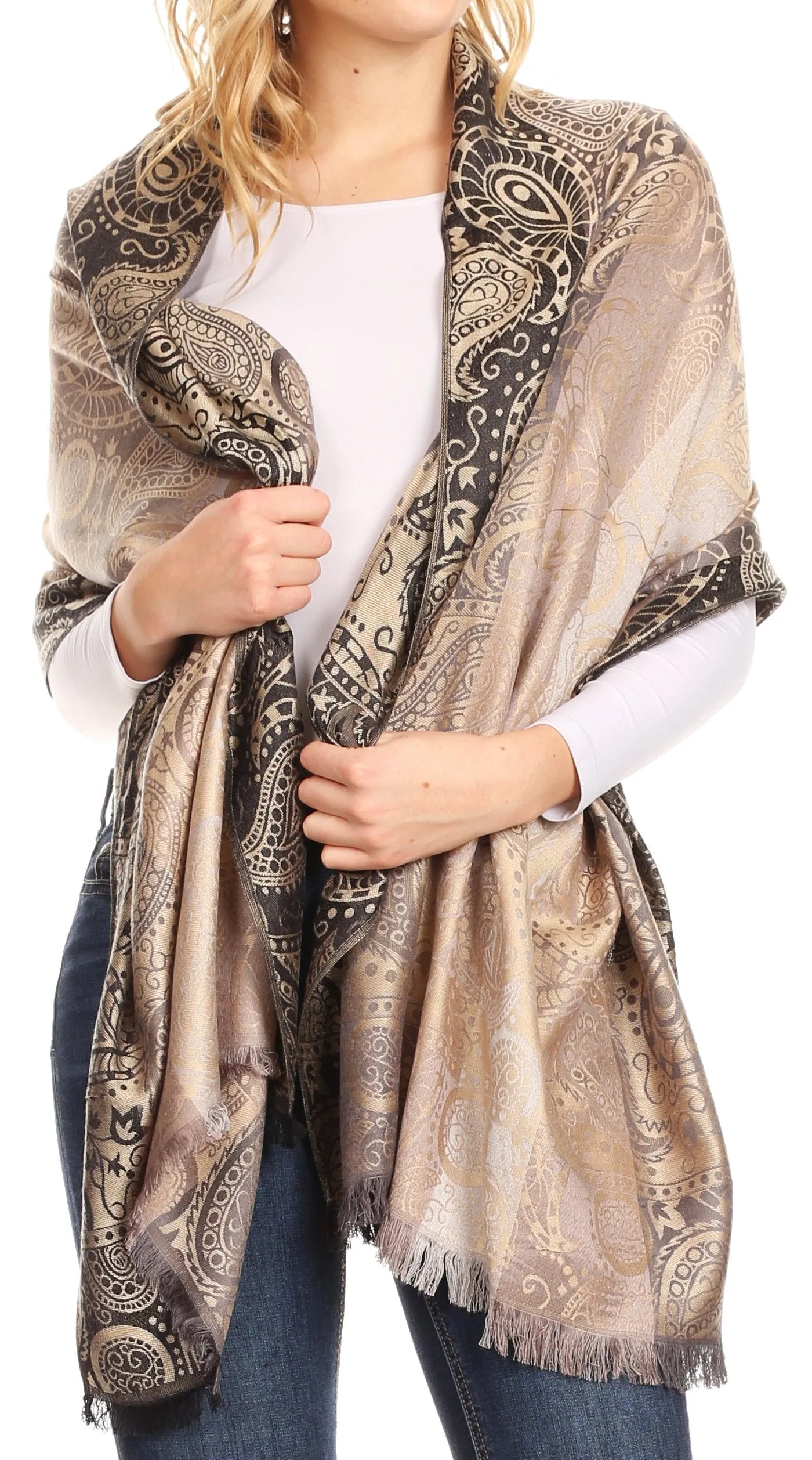 Sakkas Marga Women's Silky Soft Reversible Paisley Woven Pashmina Scarf Shawl Wrap