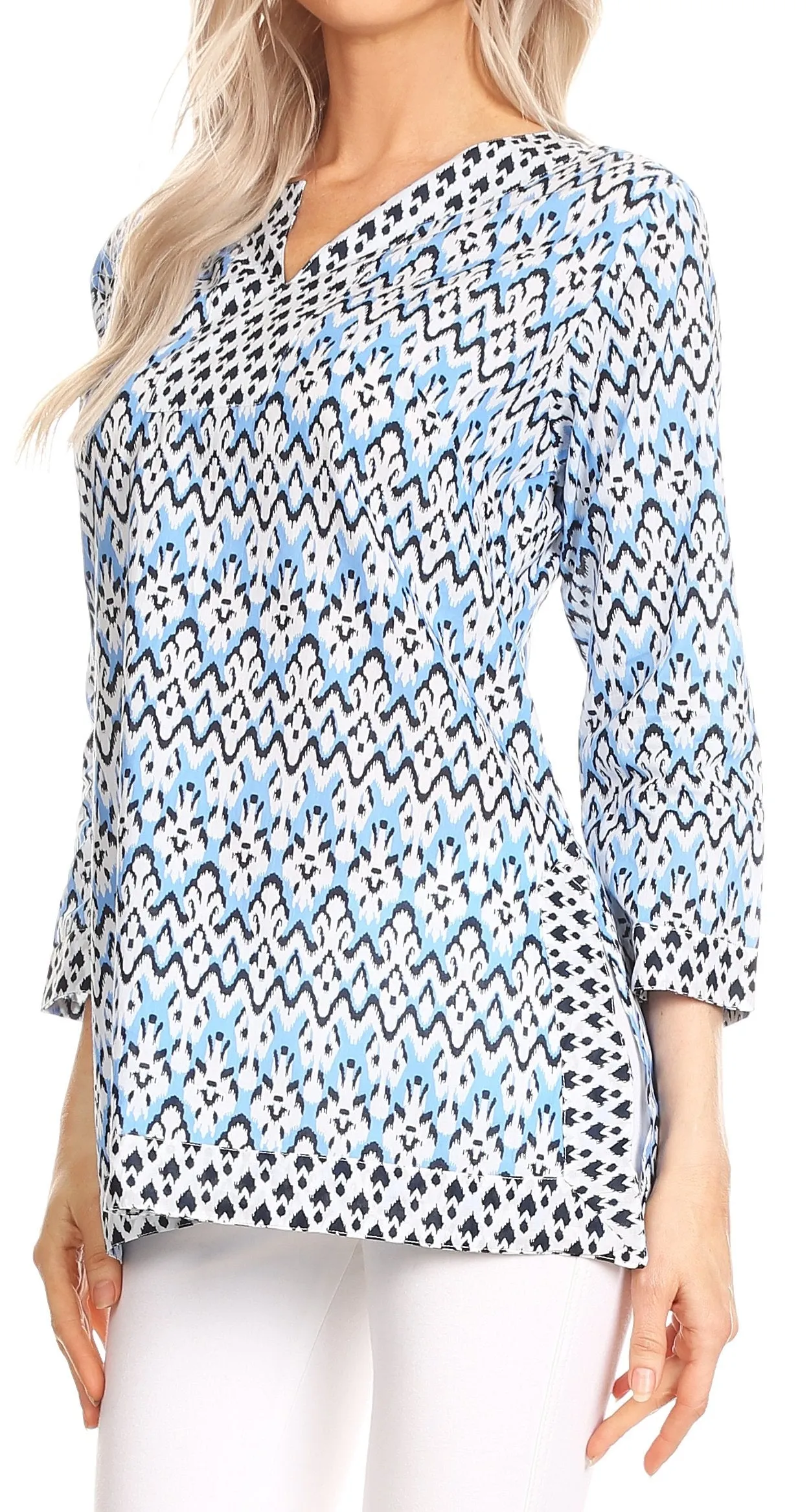 Sakkas Oana 3/4 Sleeve Split Neck Tribal Print Tunic