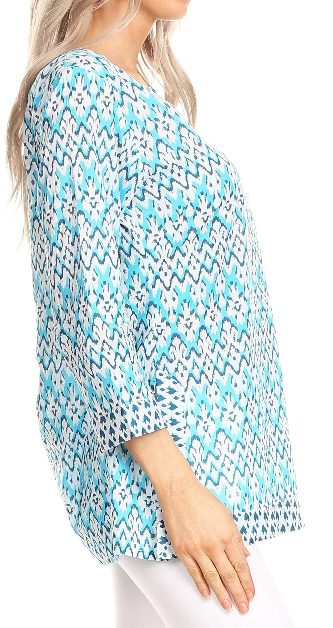 Sakkas Oana 3/4 Sleeve Split Neck Tribal Print Tunic