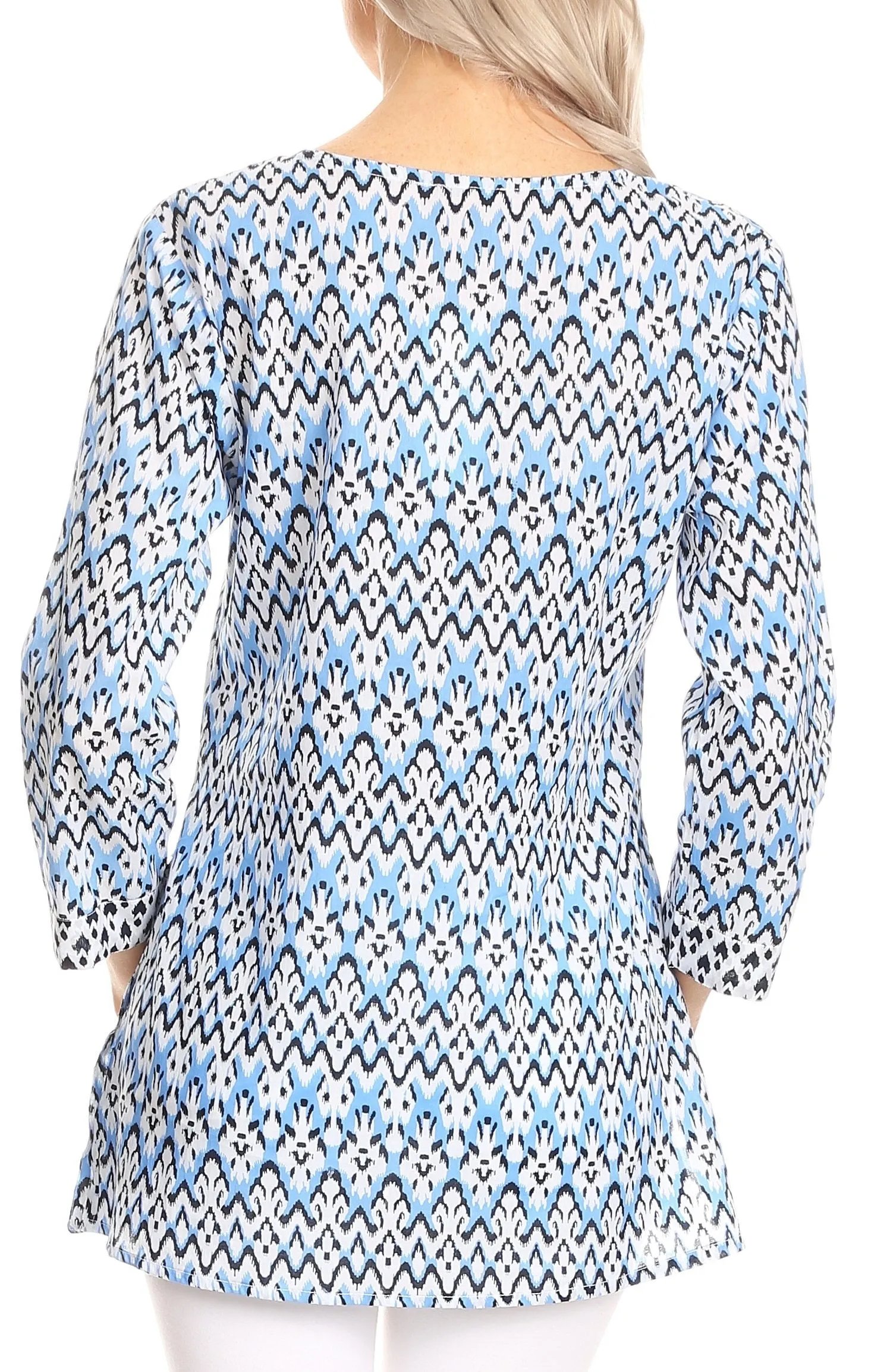 Sakkas Oana 3/4 Sleeve Split Neck Tribal Print Tunic