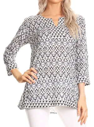 Sakkas Oana 3/4 Sleeve Split Neck Tribal Print Tunic