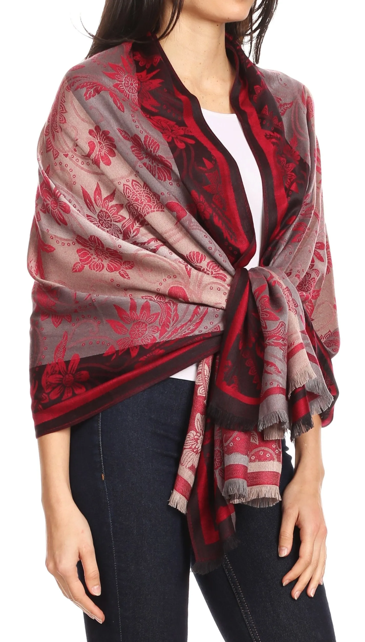 Sakkas Serina Women's Silky Soft Reversible Floral Woven Pashmina Scarf Shawl Wrap