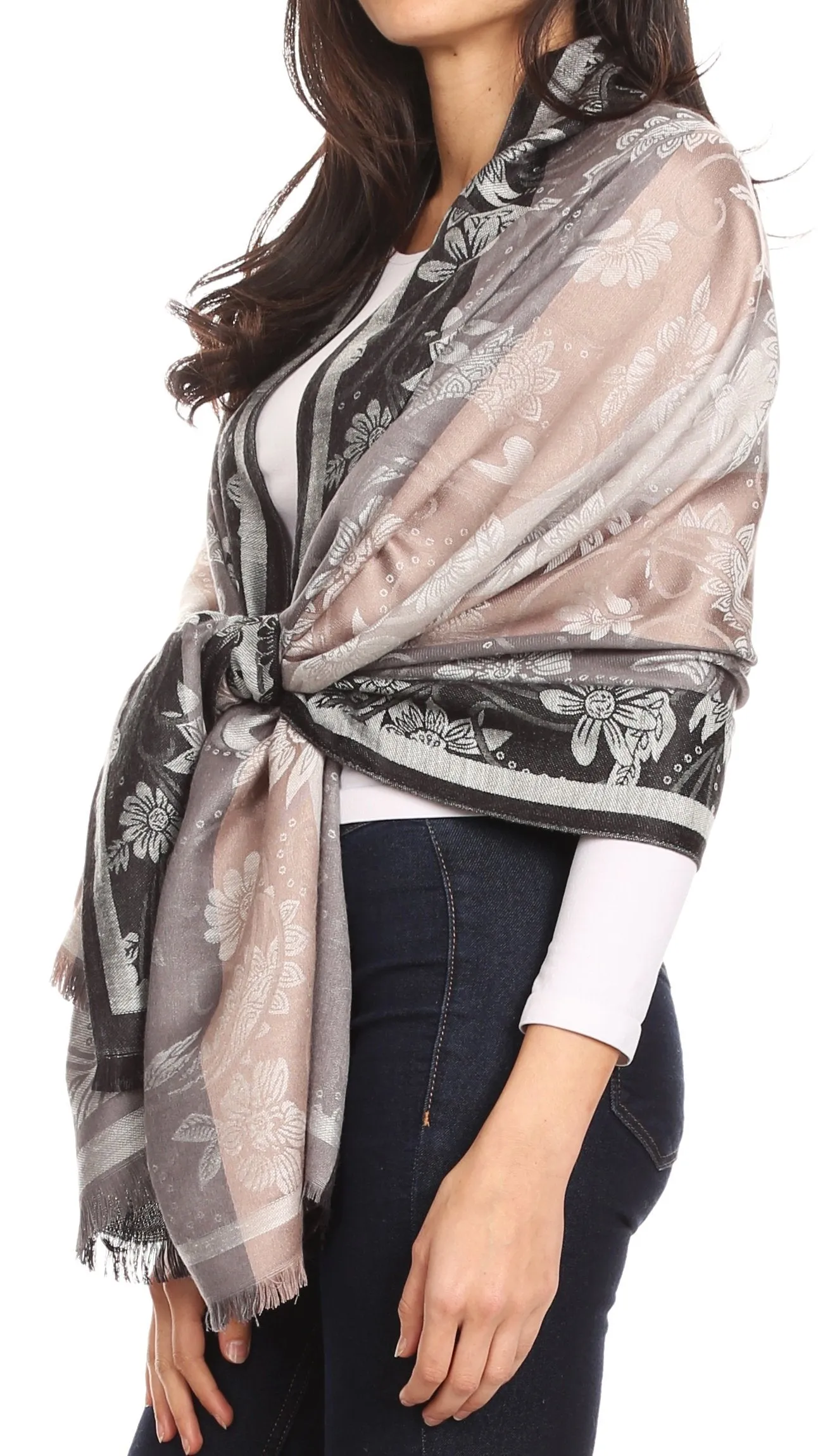 Sakkas Serina Women's Silky Soft Reversible Floral Woven Pashmina Scarf Shawl Wrap